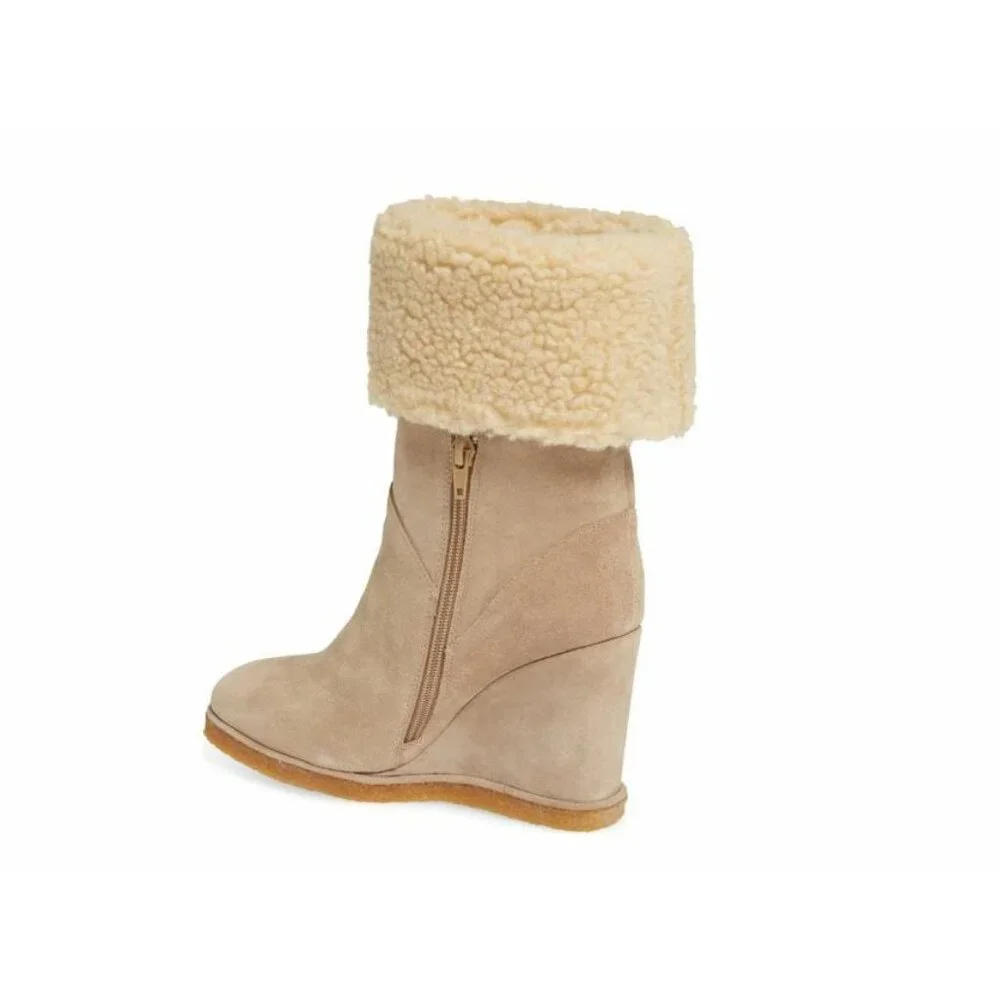 JEFFREY CAMPBELL Suede Leather Wedge Boots Shierling Fur Tan 7.5 NEW $285
